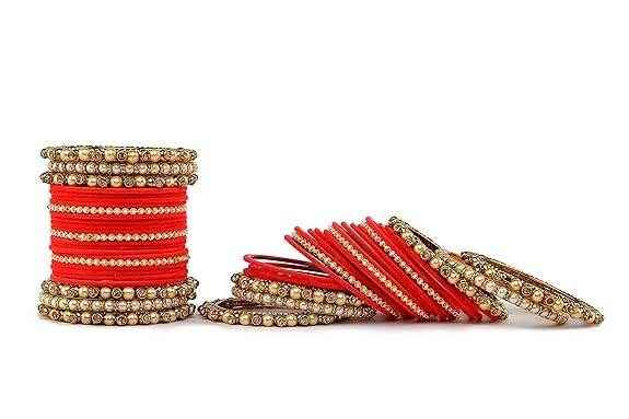 T4 Jewels Brass Metal Beads Stones & Gemstones Studded Moti & Pearl Glossy Finished Bangles Set - 114NO All Bangle Sets T4 Jewels