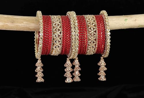 T4 Jewels Metal Bangles Latkan Chuda Set with American Diamond, Zircon Stone & Polka Dots | Dulhan Chuda Set Wedding | Punjabi Chuda | Chooda Bangles- Set of 38 T4 Jewels