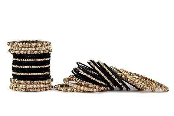 T4 Jewels Brass Metal Beads Stones & Gemstones Studded Moti & Pearl Glossy Finished Bangles Set - 114NO All Bangle Sets T4 Jewels