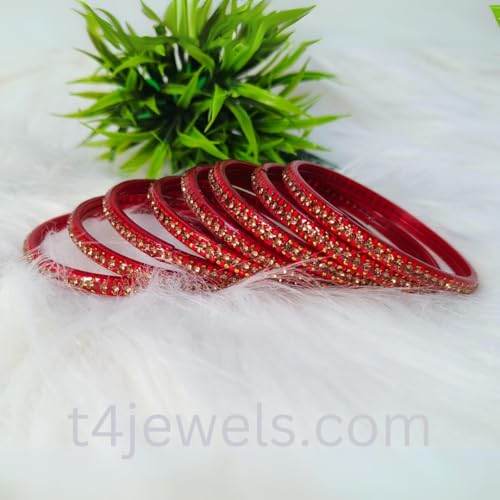 T4 Jewels Stones & Beads Work Cubic Zirconia Glossy Finished Glass Bangles Set For Women & Girls (Set of 8) T4 Jewels