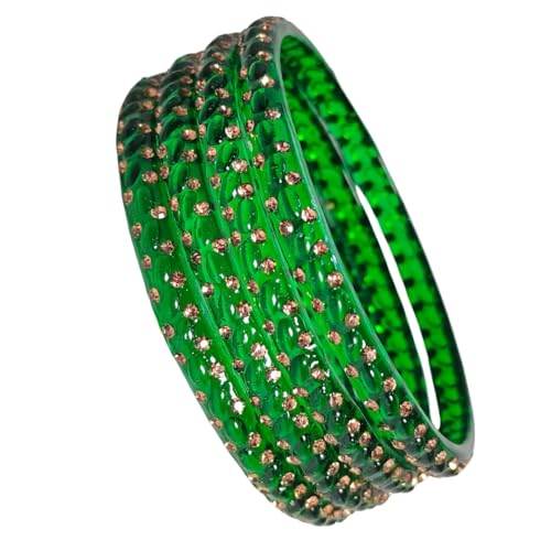 T4 Jewels Glossy Bangles Full Of Stones Studded Classy Textured Beautiful Glass Bangles Set For Women & Girls (Set of 4) Green T4 Jewels