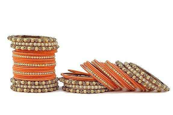 T4 Jewels Brass Metal Beads Stones & Gemstones Studded Moti & Pearl Glossy Finished Bangles Set - 114NO All Bangle Sets T4 Jewels