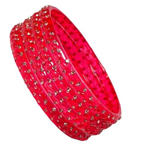 T4 Jewels Glossy Bangles Full Of Stones Studded Classy Textured Beautiful Glass Bangles Set For Women & Girls (Set of 4) Red T4 Jewels
