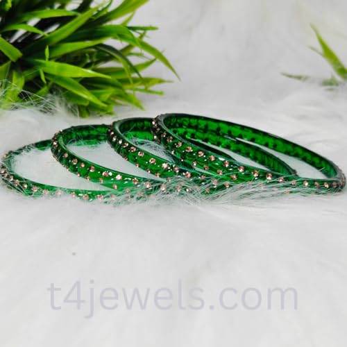 T4 Jewels Glossy Bangles Full Of Stones Studded Classy Textured Beautiful Glass Bangles Set For Women & Girls (Set of 4) T4 Jewels