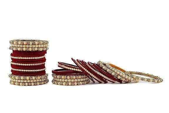 T4 Jewels Brass Metal Beads Stones & Gemstones Studded Moti & Pearl Glossy Finished Bangles Set - 114NO All Bangle Sets T4 Jewels