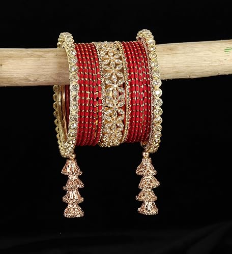 T4 Jewels Metal Bangles Latkan Chuda Set with American Diamond, Zircon Stone & Polka Dots | Dulhan Chuda Set Wedding | Punjabi Chuda | Chooda Bangles- Set of 38 T4 Jewels