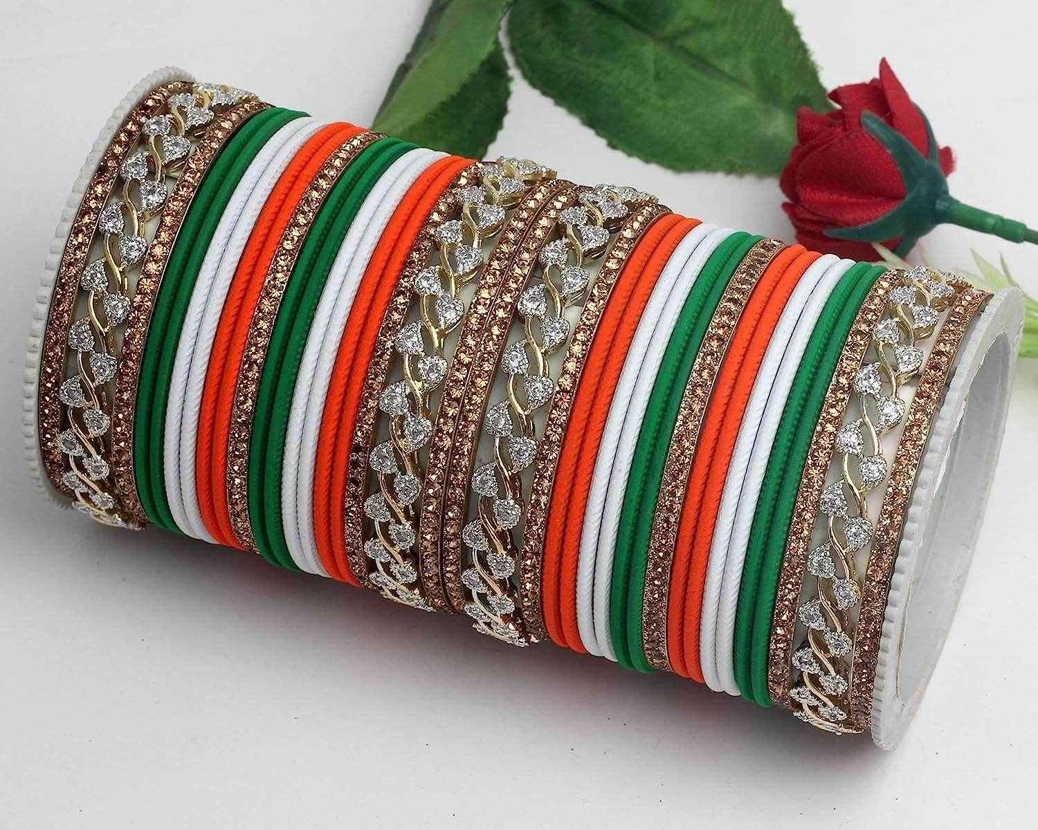 T4 Jewels American Diamond Tricolour Bangles For Republic Day/Independence Day Tricolor Bangles T4 Jewels