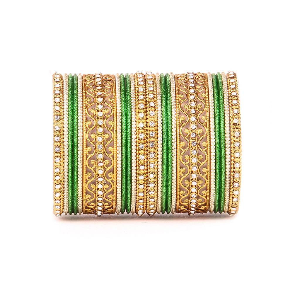 Intricate Bracelet With Running Stone Work And Shinning Bangle Set Green All Bangle Sets T4 Jewels