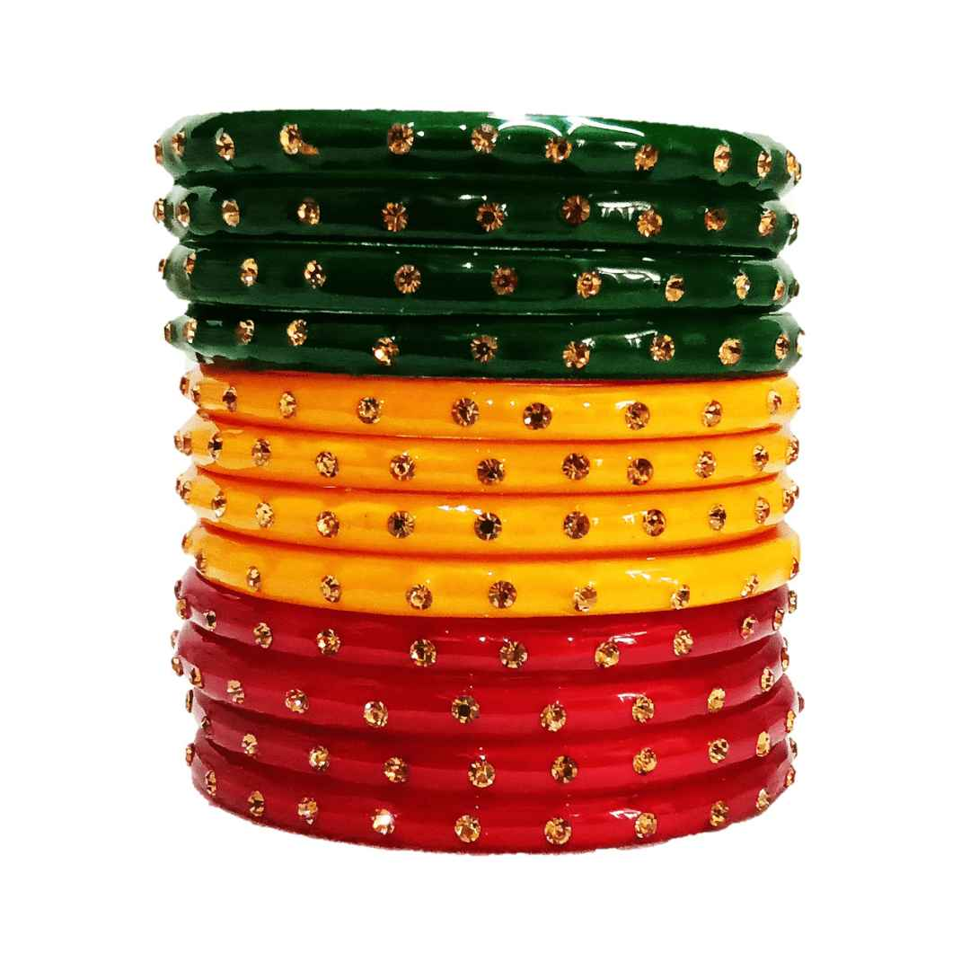 T4 Jewels (Large Size) Many Colors Glass Kada Bangles Combo (Pack Of 12)-SGUNCOMBO GYR Large Size Bangles T4 Jewels