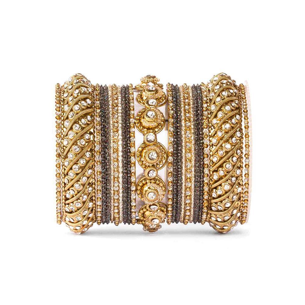 Traditional Colored Textured Bangle Set For Single Hand Golden-Black All Bangle Sets T4 Jewels