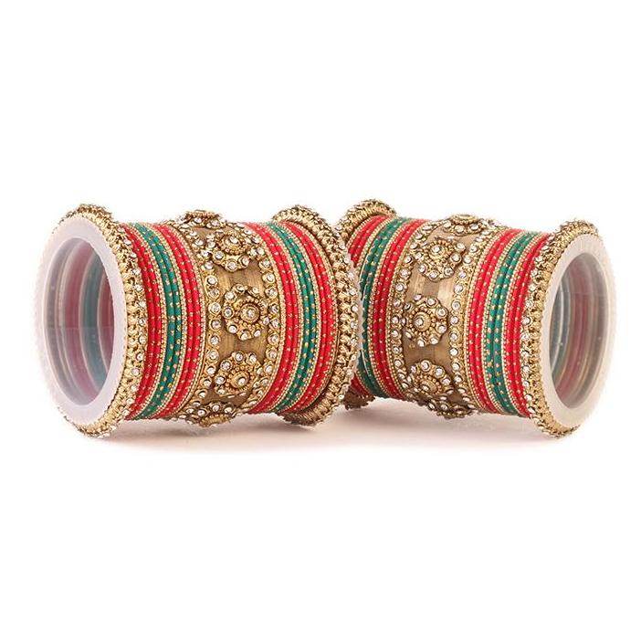 Set of 2 Traditional Jaali Work Multi-Colored Bangle Set Red-Green All Bangle Sets T4 Jewels