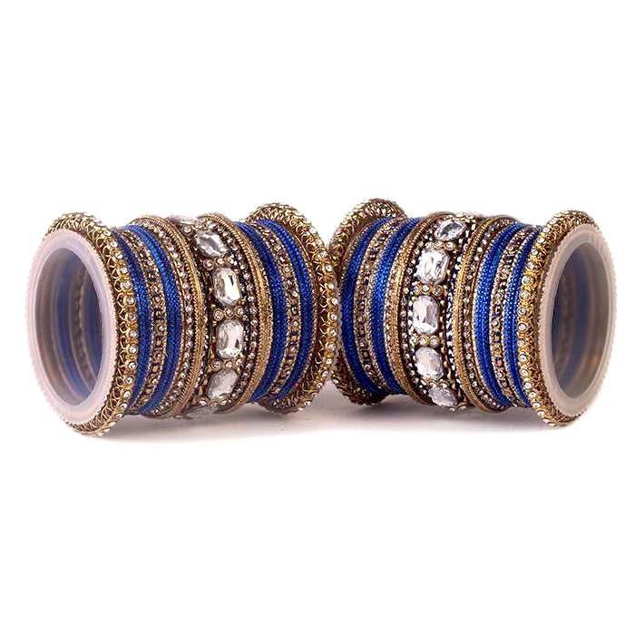 Set of 2 Beautiful Colored Bangle Set With Big Kundan Stone Blue All Bangle Sets T4 Jewels