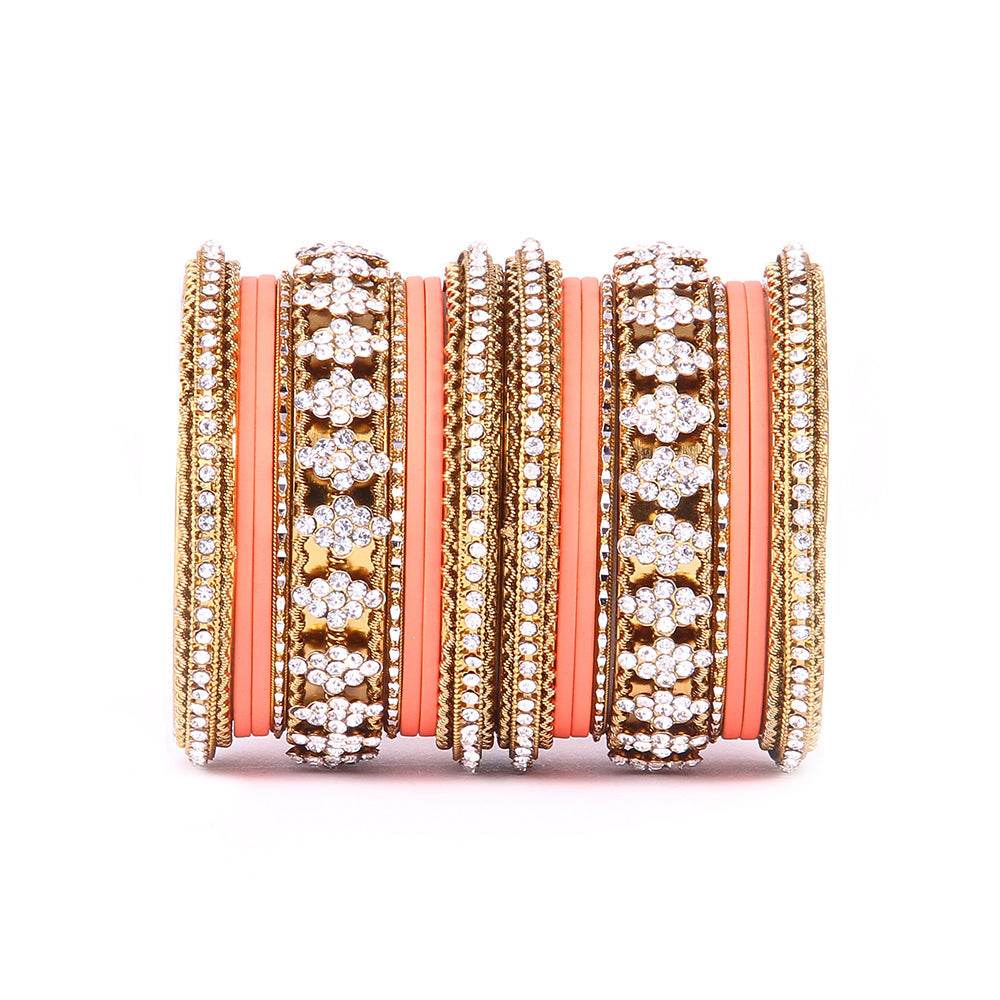Stylish Matte Finish And Running Stone Pattern Bangle Set Peach All Bangle Sets T4 Jewels