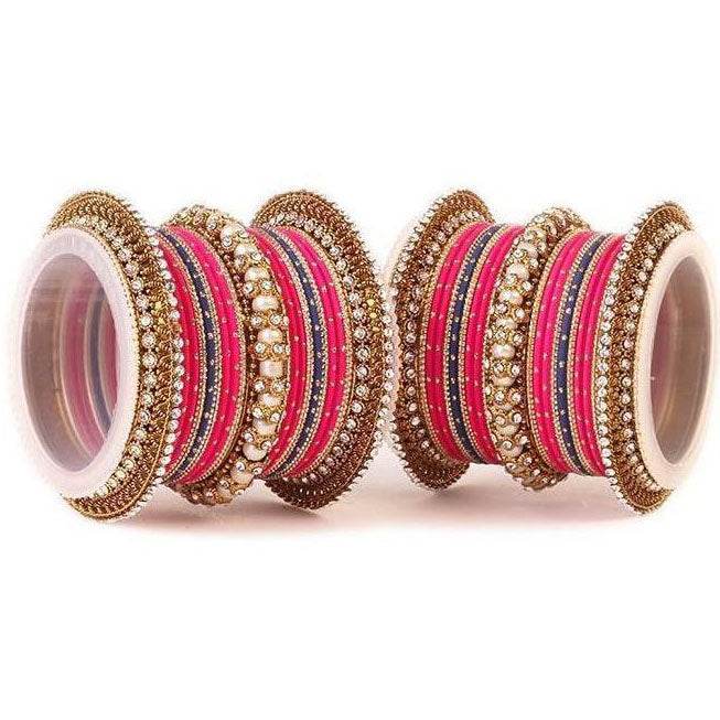 Set of 2 Traditional Multi-Colored Pearl Chakri Bangle Set Pink-Blue All Bangle Sets T4 Jewels