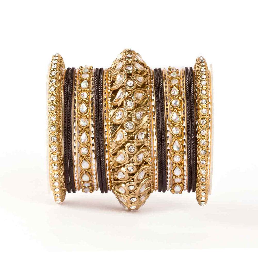 Traditional All Kundan Bangle Set For One Hand Black All Bangle Sets T4 Jewels