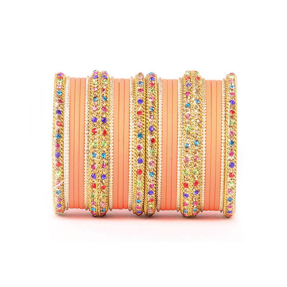 Golden Kada With Multi-Colored Stones And Matte Finish Bangle Set For Women Peach All Bangle Sets T4 Jewels