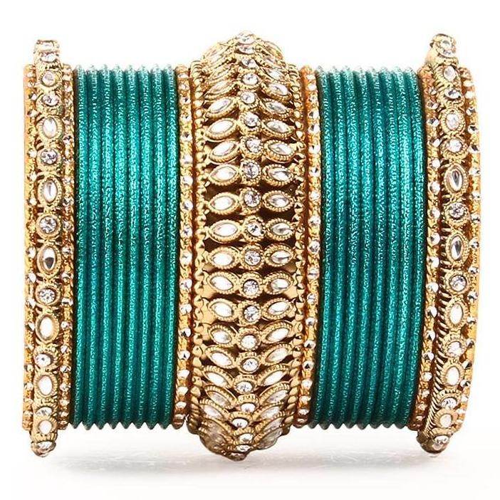 Set of 2 Bridal Kundan Bangle Set Bottle Green-Blue All Bangle Sets T4 Jewels