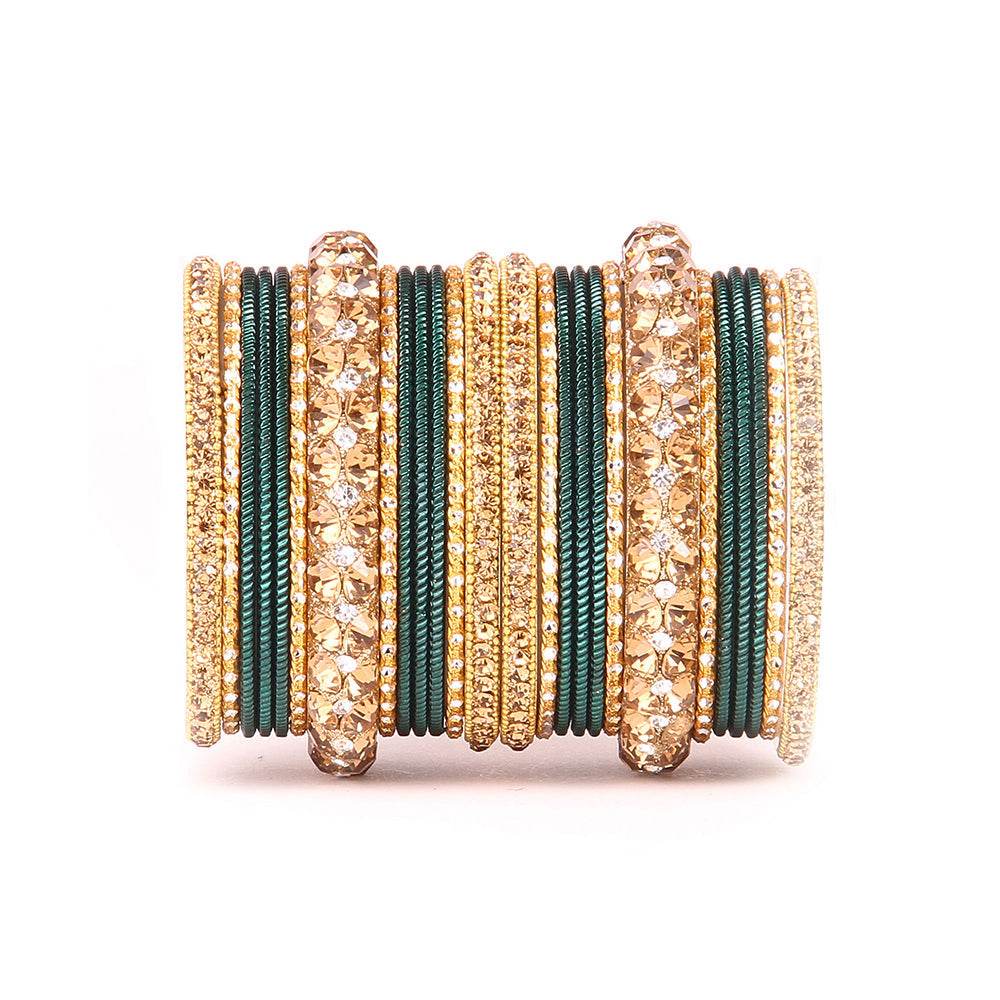 Traditional Shining Bangle Set For Women With Lac And Golden Stone Green All Bangle Sets T4 Jewels