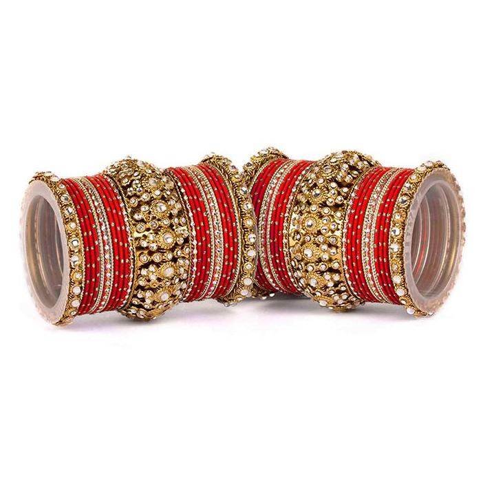 Set of 2 Beautiful Golden Dotted Colored Bangle Set Red All Bangle Sets T4 Jewels