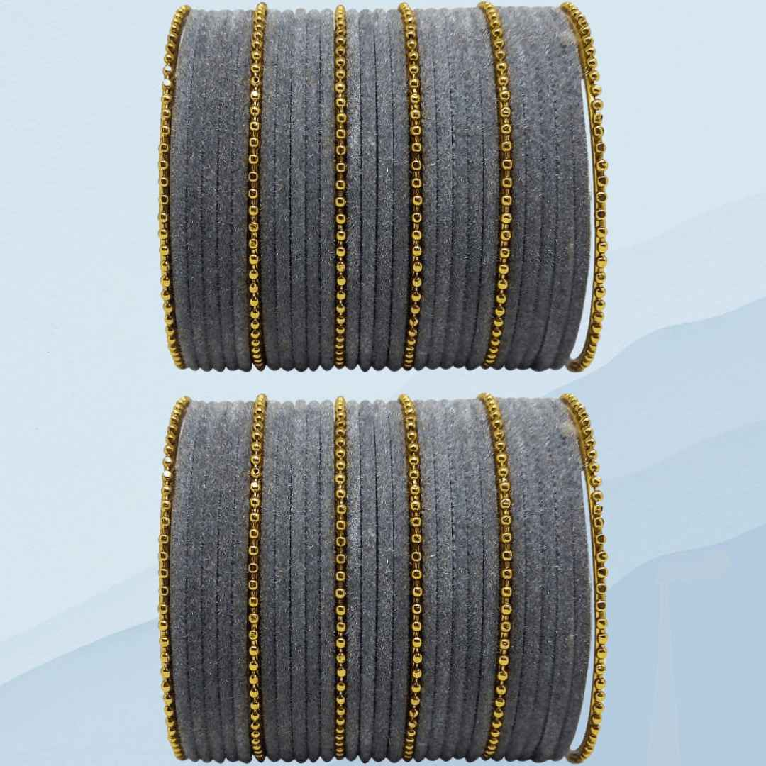 T4 Jewels Golden Beads Studded Glossy Finish Velvet Metal Bangles Set (Set Of 2) - 35NO All Bangle Sets T4 Jewels
