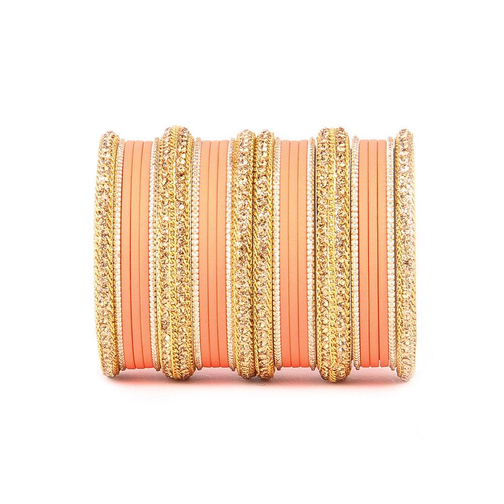 Golden Bracelet And Matte Finish Bangle Set For Women Peach All Bangle Sets T4 Jewels