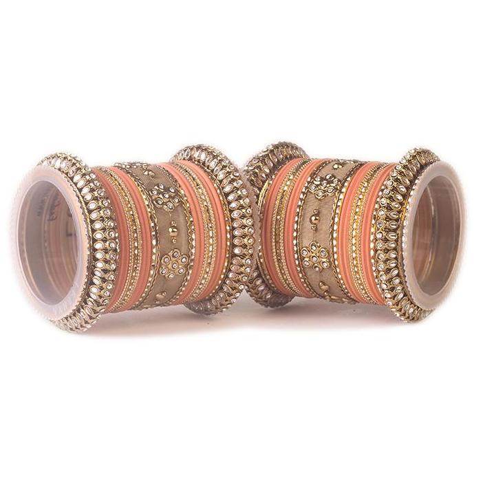 Set of 2 Traditional Matte Finish Kundan Bangle Set Peach All Bangle Sets T4 Jewels