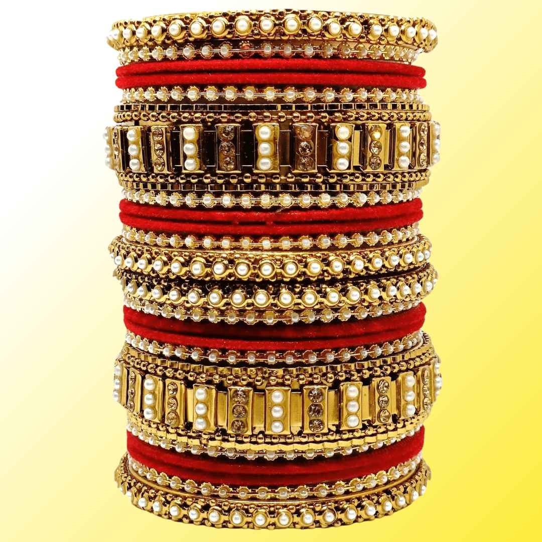 T4 Jewels Gold Plated Beautiful Metal Moti Bangles Set (Bridal Chura)- 51NO All Bangle Sets T4 Jewels