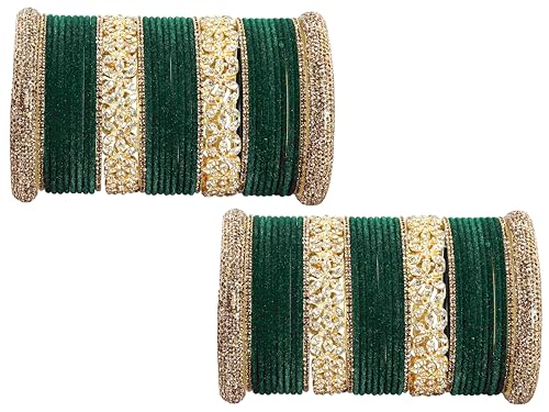 T4 Jewels Bangle Sets With AD And Velvet Bangles DarkGreen T4 Jewels