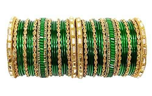 T4 Jewels Gemstones & Gold Plated Gorgeous Multi Colours Stones Studded Bridal Wear Fashion Jewellery Glass Bangles Set - 77NO Green All Bangle Sets T4 Jewels