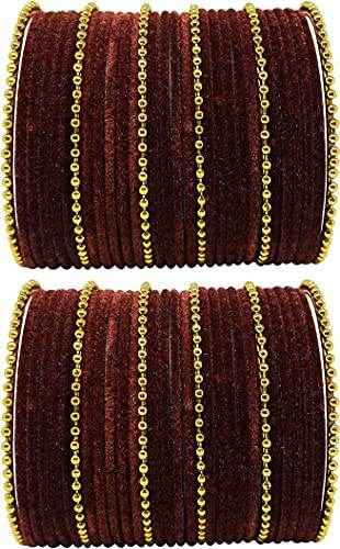 T4 Jewels Golden Beads Studded Glossy Finish Velvet Metal Bangles Set (Set Of 2) - 35NO Brown All Bangle Sets T4 Jewels