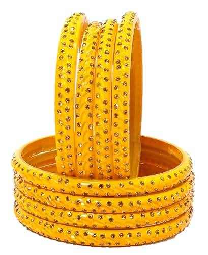 T4 Jewels (2.10 & 2.12 Size Golden Stones Studded Designer Bangle Set - (Set Of 8) - RDKRSHN Yellow Large Size Bangles T4 Jewels