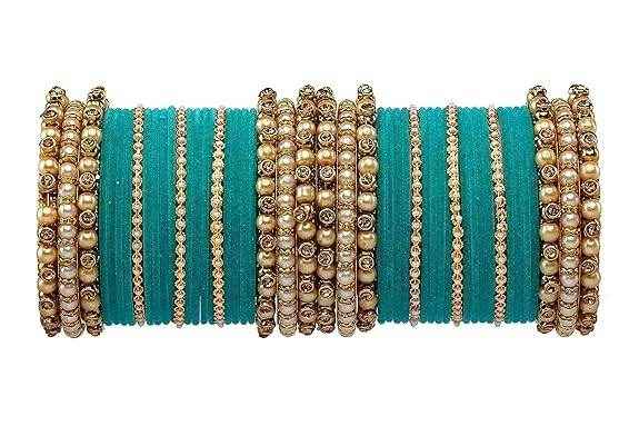 T4 Jewels Brass Metal Beads Stones & Gemstones Studded Moti & Pearl Glossy Finished Bangles Set - 114NO Teal All Bangle Sets T4 Jewels