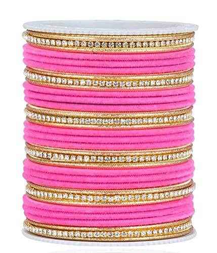 T4 Jewels Zircon Gem-stones And Beads Velvet Glossy Finished Metal Bangles Set - 66NO Pink All Bangle Sets T4 Jewels