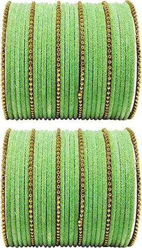 T4 Jewels Golden Beads Studded Glossy Finish Velvet Metal Bangles Set (Set Of 2) - 35NO Pista All Bangle Sets T4 Jewels