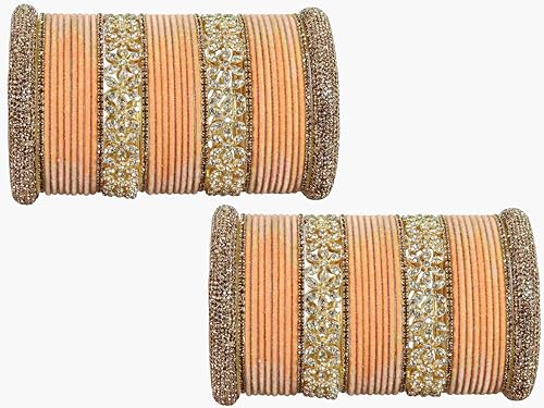 T4 Jewels Bangle Sets With AD And Velvet Bangles Peach T4 Jewels