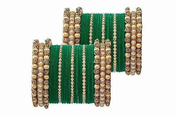 T4 Jewels Brass Metal Beads Stones & Gemstones Studded Moti & Pearl Glossy Finished Bangles Set - 114NO All Bangle Sets T4 Jewels