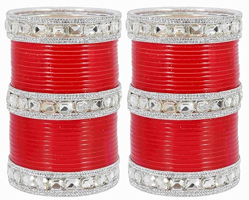 T4 Jewels Red Bridal Chuda Set American Diamond & Plastic Chuda Bangles | Golden Chuda For Wedding | Red Chuda for Bride | Red Chuda Set | Chuda Set For Bridal Silver-Red T4 Jewels