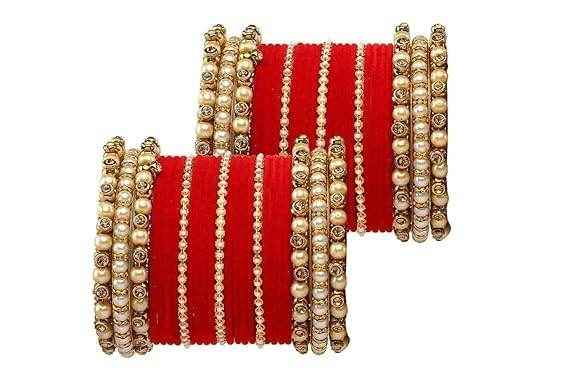 T4 Jewels Brass Metal Beads Stones & Gemstones Studded Moti & Pearl Glossy Finished Bangles Set - 114NO All Bangle Sets T4 Jewels