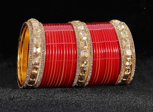 T4 Jewels Red Bridal Chuda Set American Diamond & Plastic Chuda Bangles | Golden Chuda For Wedding | Red Chuda for Bride | Red Chuda Set | Chuda Set For Bridal T4 Jewels