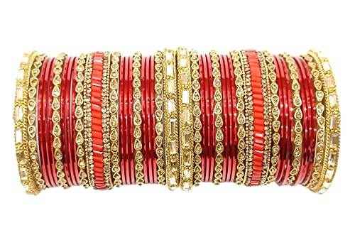 T4 Jewels Gemstones & Gold Plated Gorgeous Multi Colours Stones Studded Bridal Wear Fashion Jewellery Glass Bangles Set - 77NO Red All Bangle Sets T4 Jewels