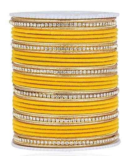 T4 Jewels Zircon Gem-stones And Beads Velvet Glossy Finished Metal Bangles Set - 66NO Yellow All Bangle Sets T4 Jewels