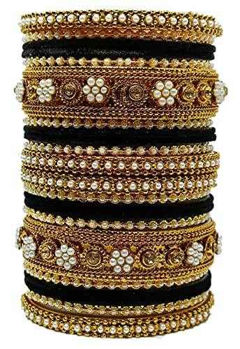 T4 Jewels Gold-Plated Flower Designer Metal Bangles Set (Bridal Chuda) - 52NO Black All Bangle Sets T4 Jewels
