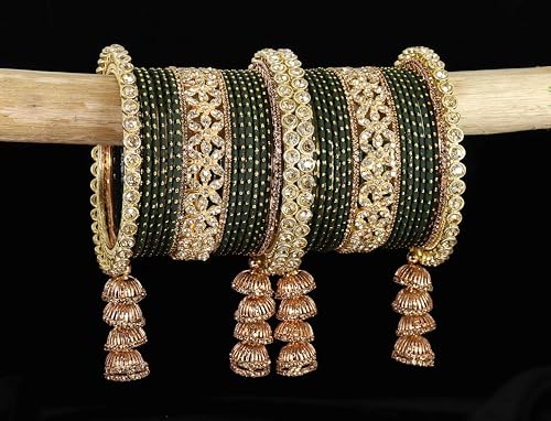 T4 Jewels Metal Bangles Latkan Chuda Set with American Diamond, Zircon Stone & Polka Dots | Dulhan Chuda Set Wedding | Punjabi Chuda | Chooda Bangles- Set of 38 T4 Jewels