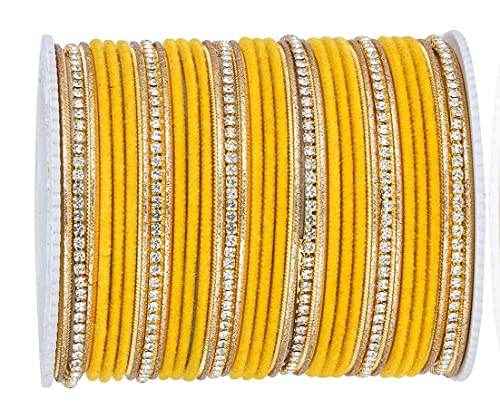 T4 Jewels Zircon Gem-stones And Beads Velvet Glossy Finished Metal Bangles Set - 66NO All Bangle Sets T4 Jewels