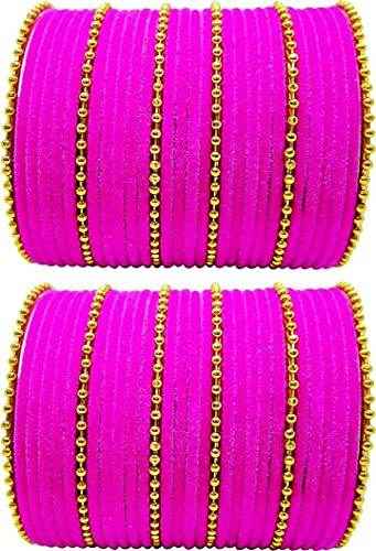 T4 Jewels Golden Beads Studded Glossy Finish Velvet Metal Bangles Set (Set Of 2) - 35NO Dark Pink All Bangle Sets T4 Jewels
