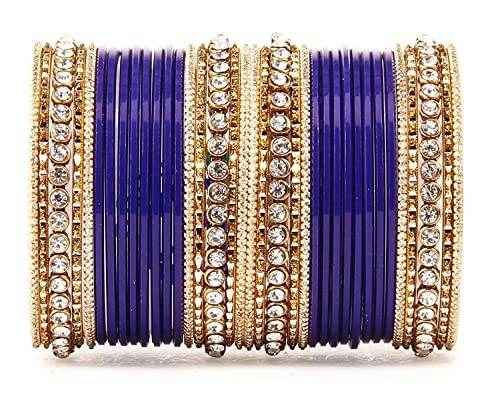 T4 Jewels 18k Gold Plated Textured Fashionable Fashion Jewellery Metal Bangles Set - 84NO Blue All Bangle Sets T4 Jewels