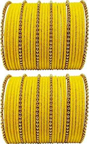 T4 Jewels Golden Beads Studded Glossy Finish Velvet Metal Bangles Set (Set Of 2) - 35NO Yellow All Bangle Sets T4 Jewels