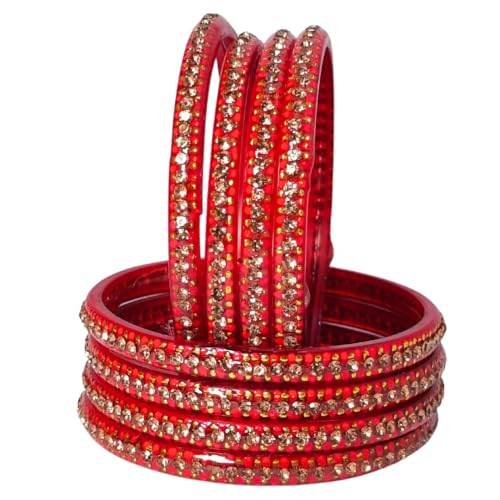 T4 Jewels Stones & Beads Work Cubic Zirconia Glossy Finished Glass Bangles Set For Women & Girls (Set of 8) Red T4 Jewels