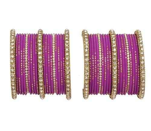 T4 Jewels 18k Gold Plated Zircon Stones Studded Designer Fashion Jewellery Metal Bangles Set - 99NO Purple All Bangle Sets T4 Jewels