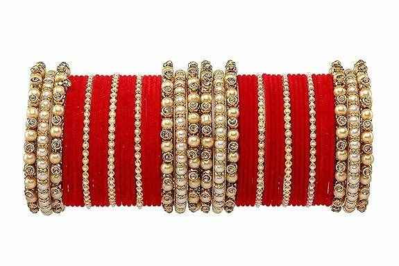 T4 Jewels Brass Metal Beads Stones & Gemstones Studded Moti & Pearl Glossy Finished Bangles Set - 114NO Red All Bangle Sets T4 Jewels